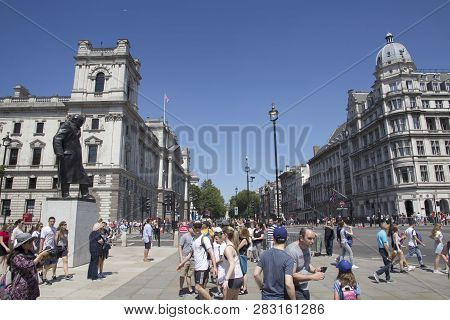 London, England - July 15, 2018. Winston Churchill Statue With His Hand Resting On His Walking Stick