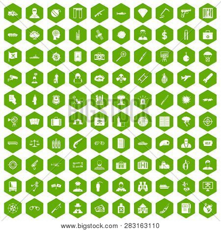 100 Antiterrorism Icons Set In Green Hexagon Isolated Illustration