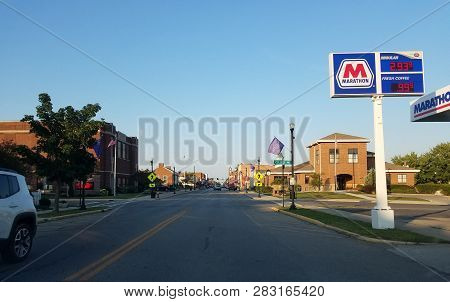 Main Street Under A Clear Blue Sky In The Evening At Sunset, Bluffton, Oh, September 19, 2018