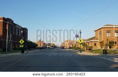 Main Street Under A Clear Blue Sky In The Evening At Sunset, Bluffton, Oh, September 19, 2018