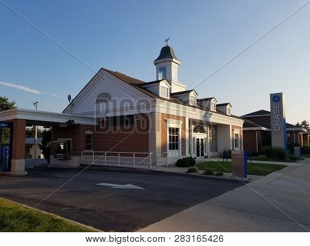 Chase Bank Exterior Under A Clear Blue Sky In The Evening At Sunset In Summer, Bluffton, Oh Septembe