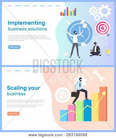 Scaling Business And Interpreting Solution For Company Vector. Workers With Aim Targets Male Achievi