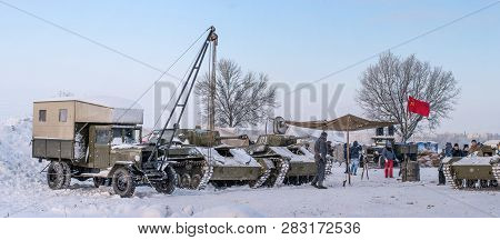 Krasnoye Selo, St. Petersburg, Russia - January 19, 2019: Military Historical Reconstruction - The B