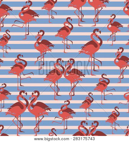 Coral Flamingo. Flock Of Tropical Birds. Seamless Pattern. Bird Park. Exotic Birds On A Striped Ligh