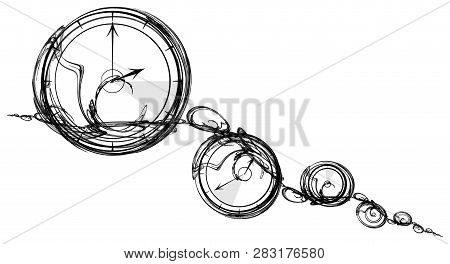 Black Ink Time Abstract Illustration, Horizontal, Isolated, Over White