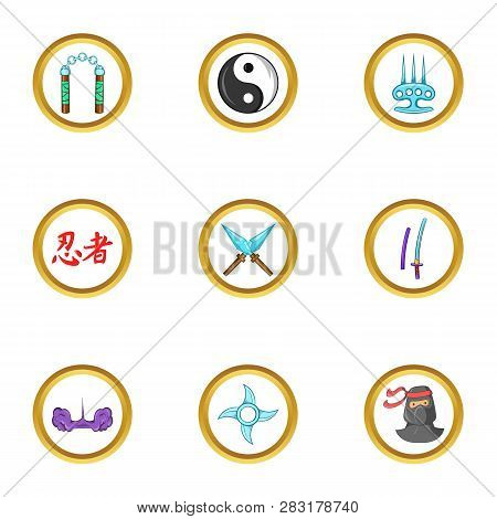 Ninja Weapons Icon Set. Cartoon Set Of 9 Ninja Weapons Icons For Web Isolated On White Background