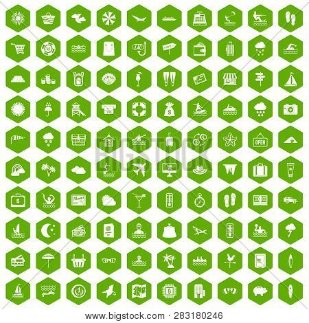 100 Seaside Resort Icons Set In Green Hexagon Isolated Illustration
