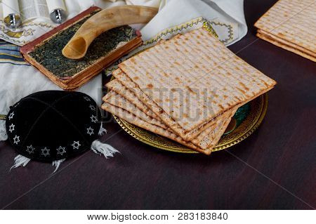 Table Ready For Traditional Seder Plate Ritual The Jewish Holiday Of Passover Kiddush, Haggada, Matz