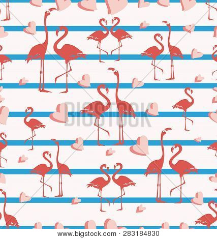 Seamless Pattern With Flamingo And Hearts. Flock Of Tropical Birds.  Bird Park. Exotic Birds On A St