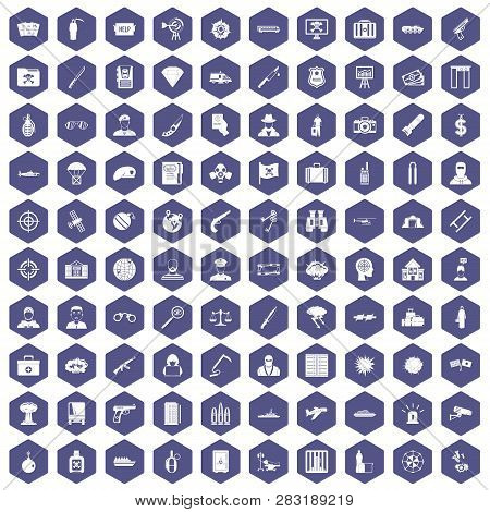 100 Antiterrorism Icons Set In Purple Hexagon Isolated Illustration