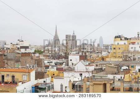Barcelona, Spain - 21 May 2014: Raval Roofs Aerial View