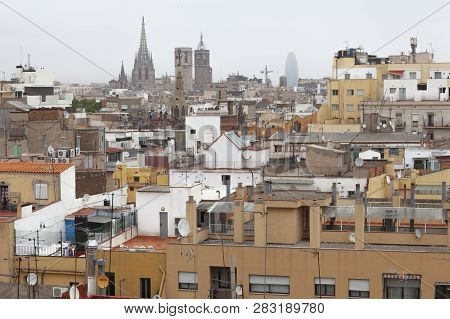 Barcelona, Spain - 21 May 2014: Raval Roofs Aerial View
