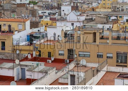 Barcelona, Spain - 21 May 2014: Raval Roofs Aerial View