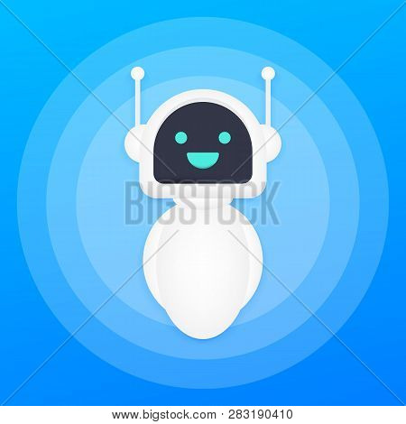 Cute Smiling Robot, Chat Bot Say Hi. Vector Modern Flat Cartoon Character Illustration. Vector Stock