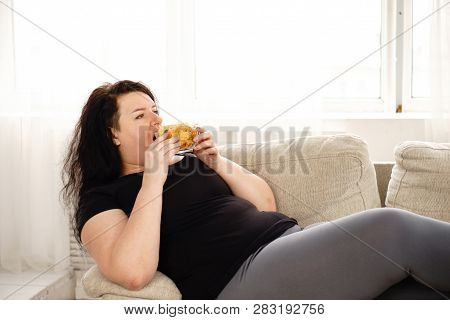 Lack Of Physical Activity, Sedentariness, Imbalanced Nutrition, Laziness, Homebody. Fat Woman Overea