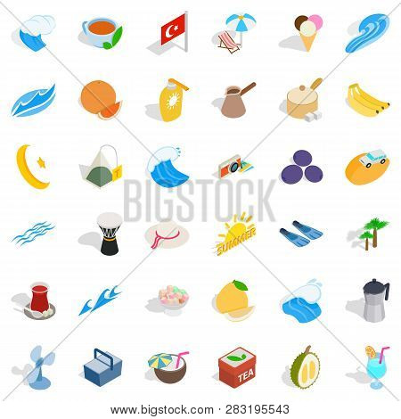 Turkey Landmark Icons Set. Isometric Style Of 36 Turkey Landmark Icons For Web Isolated On White Bac