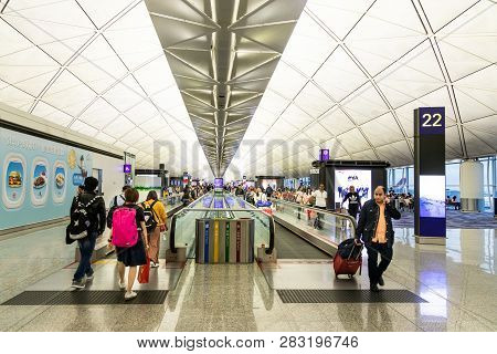 Hong Kong, February 9, 2019:  The Hong Kong International Airport Terminals Are Connected With Walka