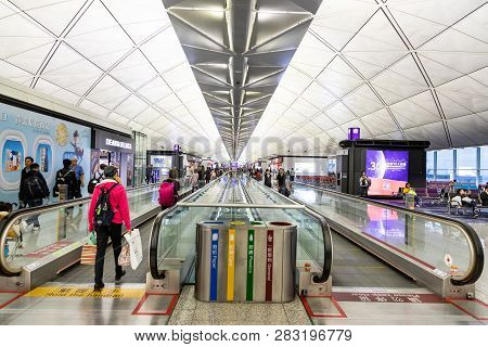 Hong Kong, February 9, 2019:  The Hong Kong International Airport Terminals Are Connected With Walka