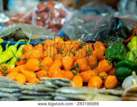 Habanero peppers in a market in Cozumel, Mexico.