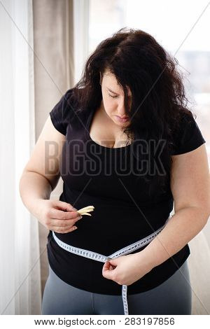Stress, Eating Problems, Compulsive Overeating, Fat Food, Weight Gain. Overweight Woman With Appetiz