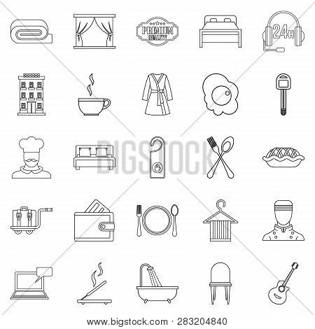 Hostel Icons Set. Outline Set Of 25 Hostel Icons For Web Isolated On White Background