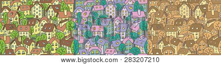 Cute Seamless Pattern With Houses And Courtyards