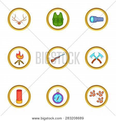 Hunter Equipment Icons Set. Cartoon Set Of 9 Hunter Equipment Icons For Web Isolated On White Backgr