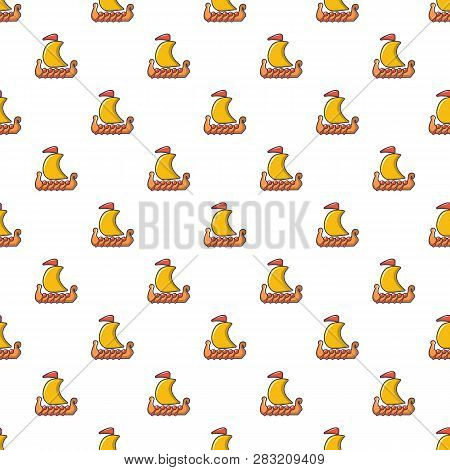 Drakkar Viking Ship Pattern In Cartoon Style. Seamless Pattern Illustration