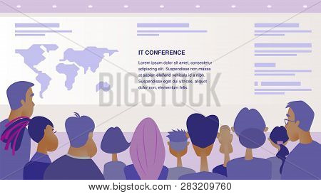 Flat Group People Waiting For Start It Conference. Banner Vector Illustration Man And Woman Came To 
