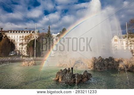 View Of The Beautiful Buildings At Vienna City Center And The Fountain At Schwarzenbergplatz