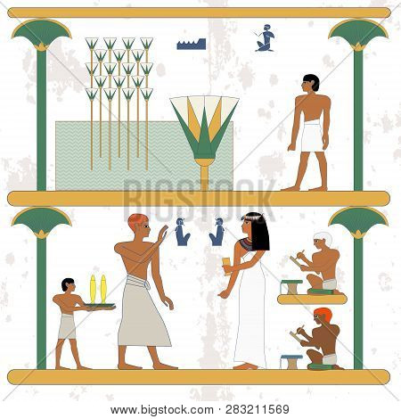 Ancient Egypt Background. Egypt Man Walking Along Marsh. Rich People Feast. Historical Background.an