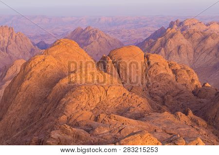 Amazing Sunrise At Sinai Mountain, Beautiful Dawn In Egypt, Beautiful View From The Mountain