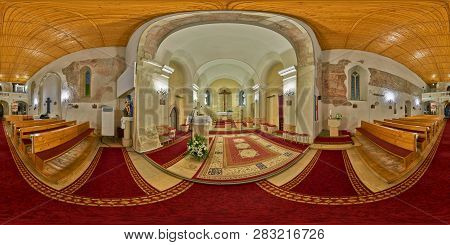 Floresti, Romania - October 27, 2018: 360 Interior Panorama Shot Between The Nave And The Altar In A