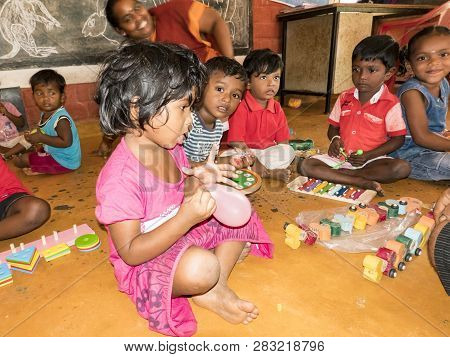 Puduchery, India - December Circa, 2018. Interior Of Poor Kids Playing Room Creche With Unidentified
