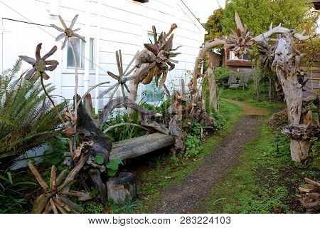 January 20, 2019 In Mendocino, Ca:  Art Sculptures Of Rustic Driftwood At A Garden Besides Plants Ta