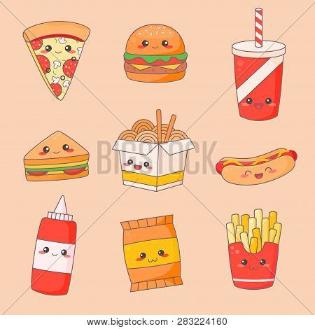 Fast Food Junk Kawaii Cute Face Set. Hamburger And Hotdog Manga Character Isolated Sticker. Restaura