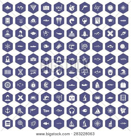 100 Oceanologist Icons Set In Purple Hexagon Isolated Illustration