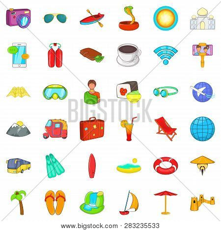 Long Travel Icons Set. Cartoon Style Of 36 Long Travel Icons For Web Isolated On White Background
