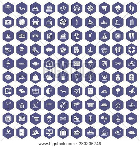 100 Seaside Resort Icons Set In Purple Hexagon Isolated Illustration