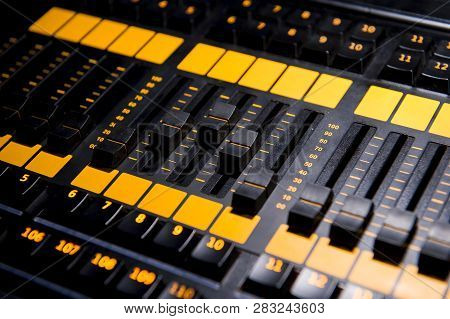 Sound Mixer Control Panel Prodaction, Close Up.