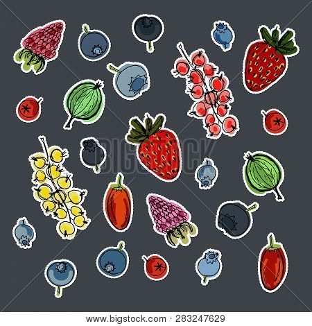 Stickers Set With Cute Hand Drawn Berries. Vector Doodle Collection