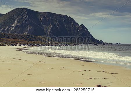 Seascape, Sea Coast With Sandy Beach In Resort Bleik. Andoya Norway. Vesteralen Archipelago.