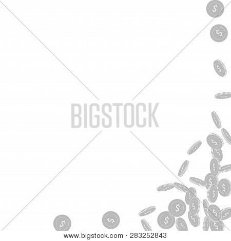 American Dollar Coins Falling. Scattered Black And White Usd Small Coins. Jackpot Or Success Concept