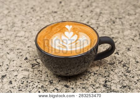 Hot Coffee Cup. Strong Coffee On Wooden Table Background.