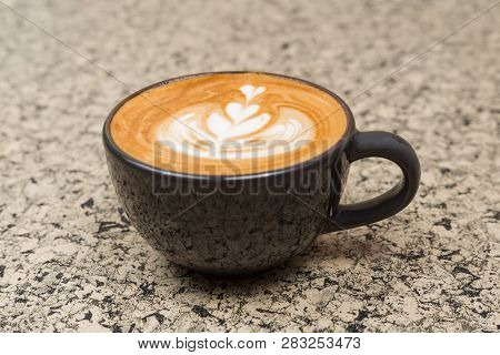 Hot Coffee Cup. Strong Coffee On Wooden Table Background.