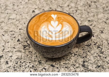 Hot Coffee Cup. Strong Coffee On Wooden Table Background.
