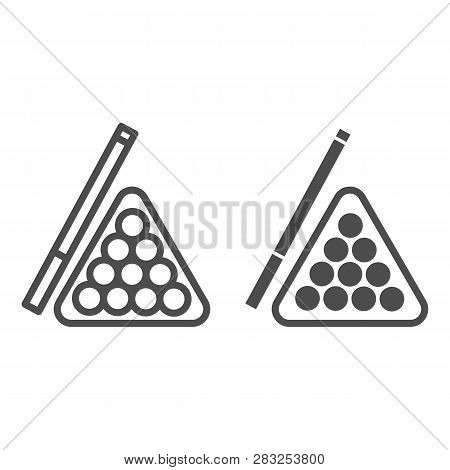 Billiards Line And Glyph Icon. Pool Cue And Balls Vector Illustration Isolated On White. Play Outlin