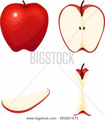 Various Red Apples In Whole, Sliced, Eaten Stages
