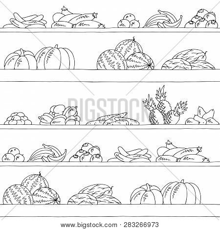 Shelves Graphic Seamless Pattern Black White Background Fruits And Vegetables Sketch Illustration Ve