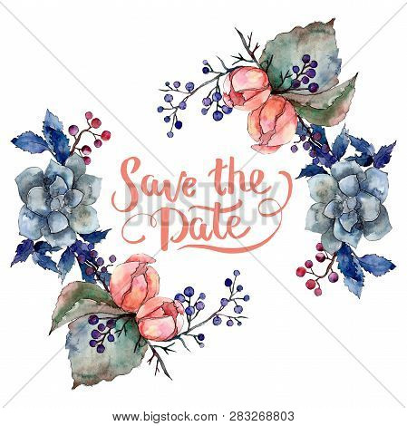 Peony And Succulent Bouquet Floral Flower. Watercolor Background Illustration Set. Frame Border Orna